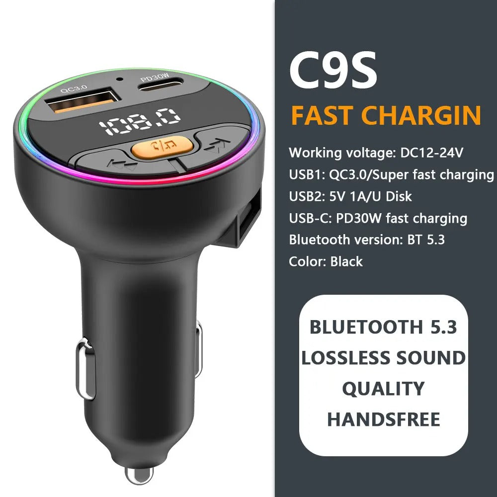 Car Bluetooth 5.3 FM Transmitter — Handsfree, PD 30W + 22.5W
