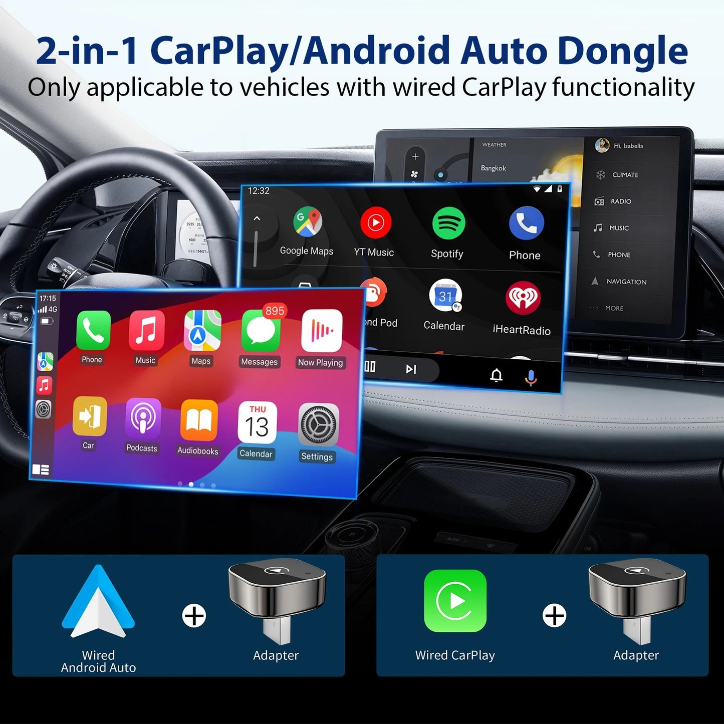 2-in-1 Wireless CarPlay / Android Auto Adapter For VW Toyota Nissan Honda Ford Benz
