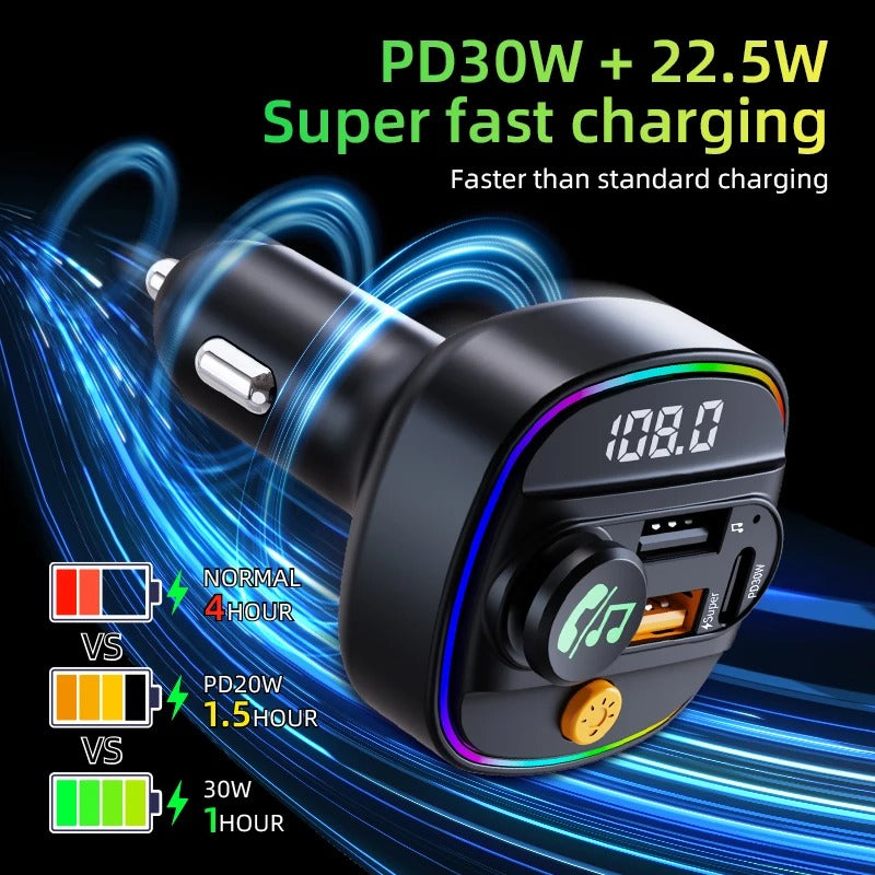 Car Bluetooth 5.3 FM Transmitter — Handsfree, PD 30W + 22.5W