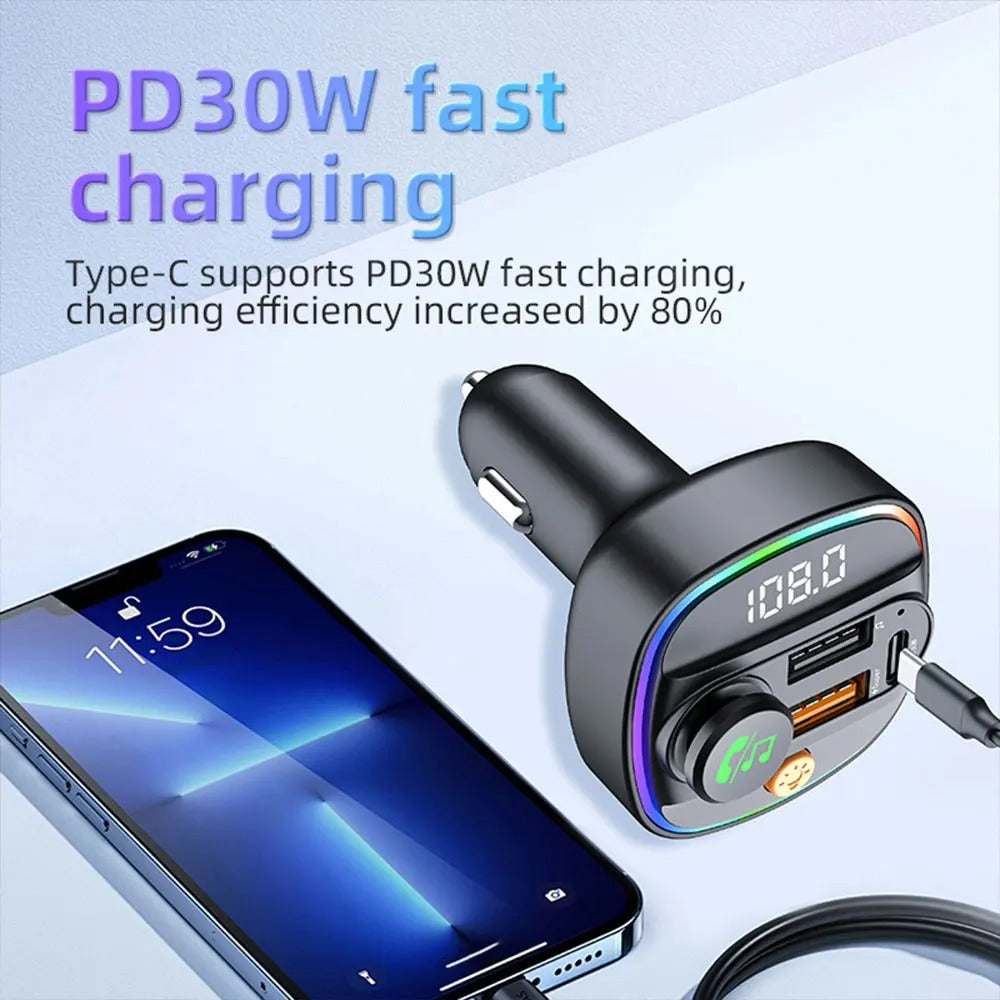 Car Bluetooth 5.3 FM Transmitter — Handsfree, PD 30W + 22.5W